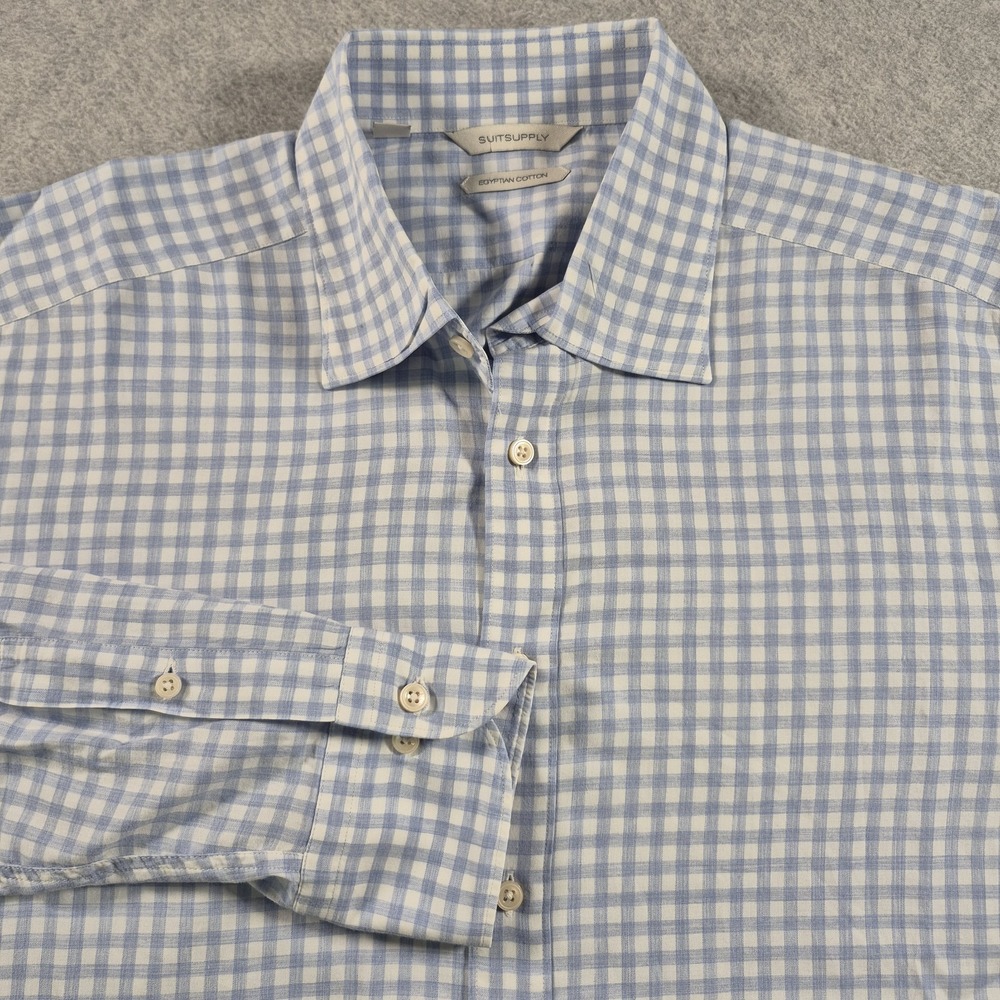 SUITSUPPLY Shirt Men 16 1/2 42 Blue Egyptian Cotton Gingham Check L/S Button